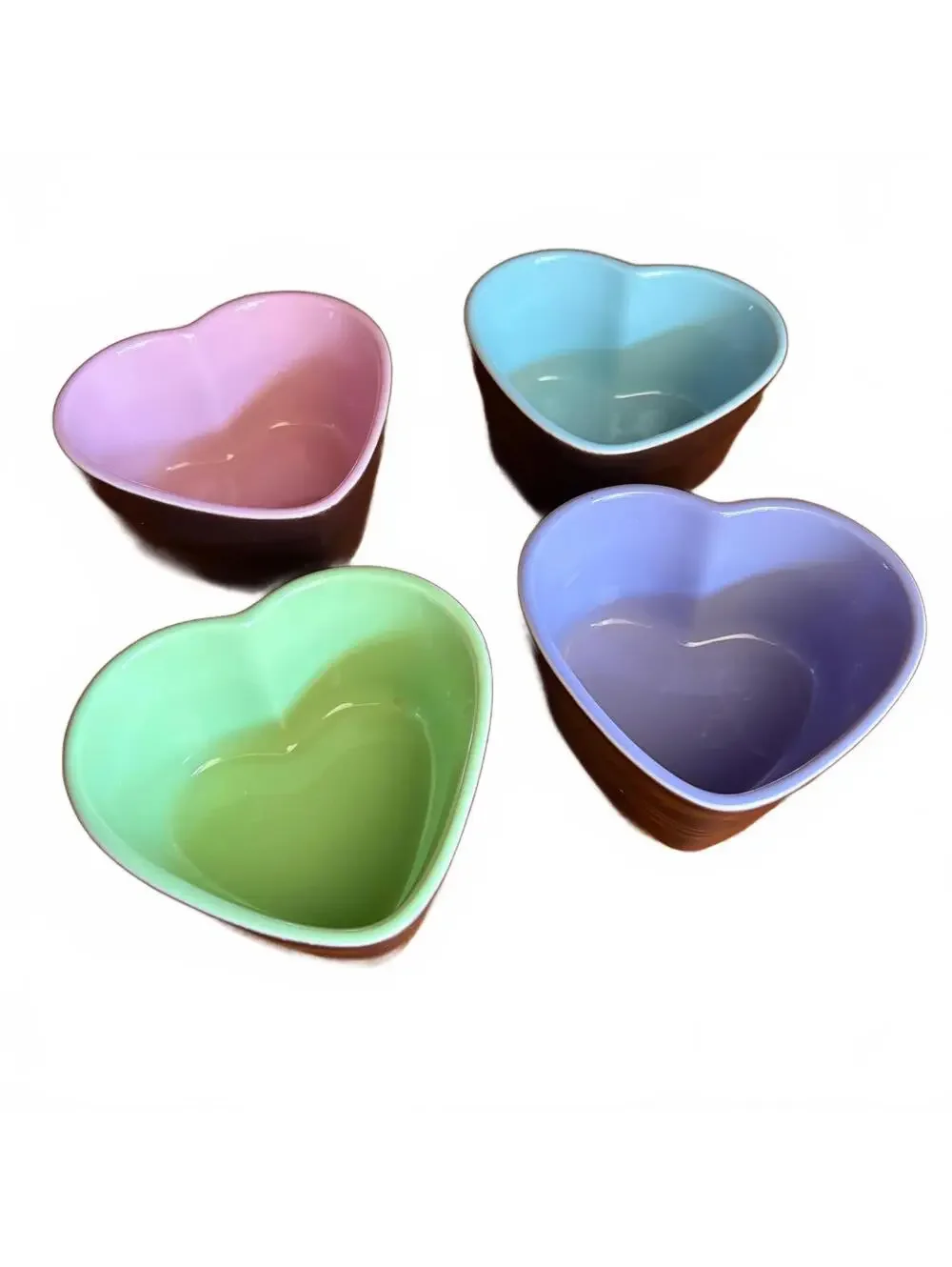 Le Creuset Heart Ramekin Mini Stoneware Lot of 4 Piece Set Brown Bicolor Pastel